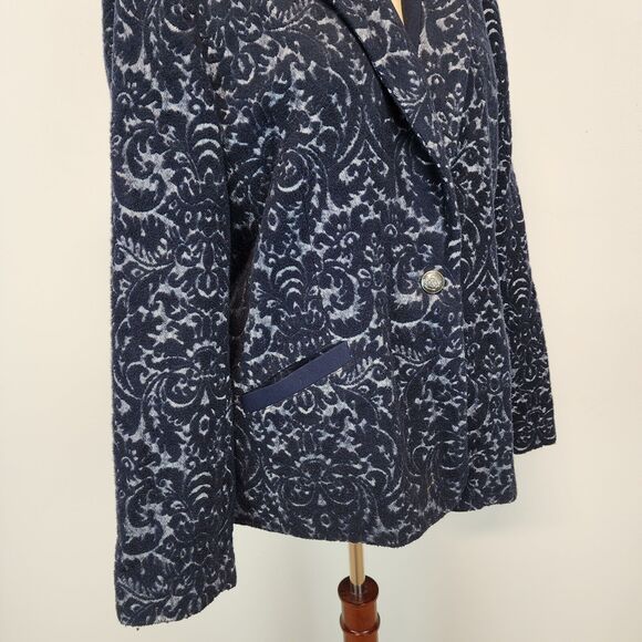 Cabi Filigree Jacquard Blazer Coat Size 12 Blue Wool Blend Lined Darted Waist - Picture 6 of 16
